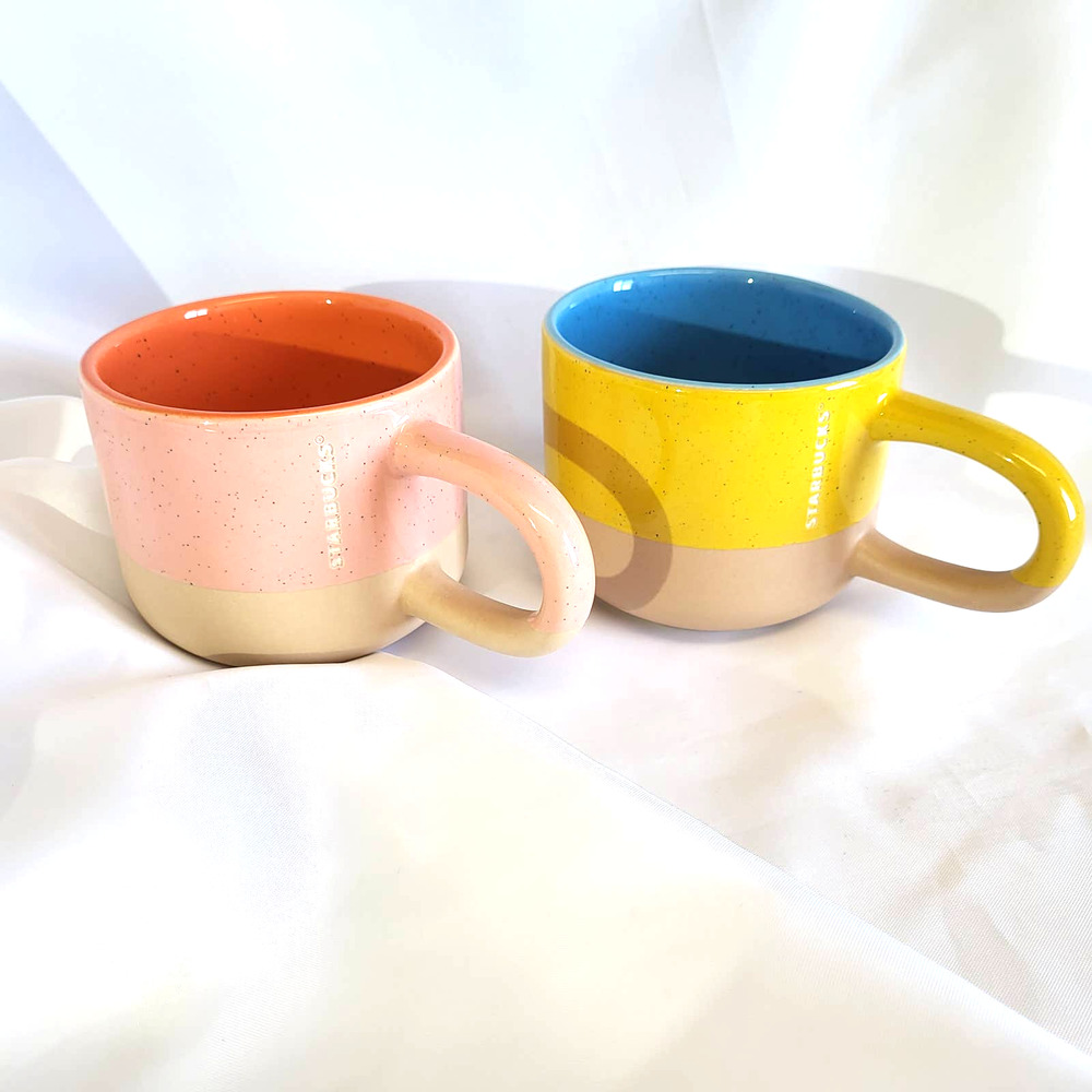 Starbucks Long handled Color Block Coffee Cups 2 Blue,Yellow Pink 12 FL. Oz